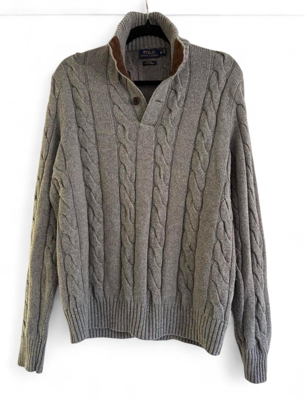 Polo by Ralph Lauren Gray Cable Knit Zip-Up Sweater with Brown Trim